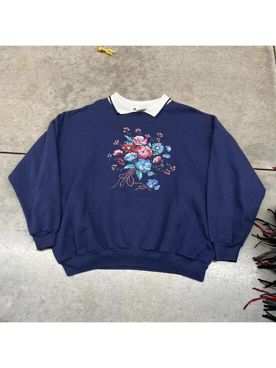 American Vintage Tops - vintage navy flower art collared crewneck size xl WOMENS